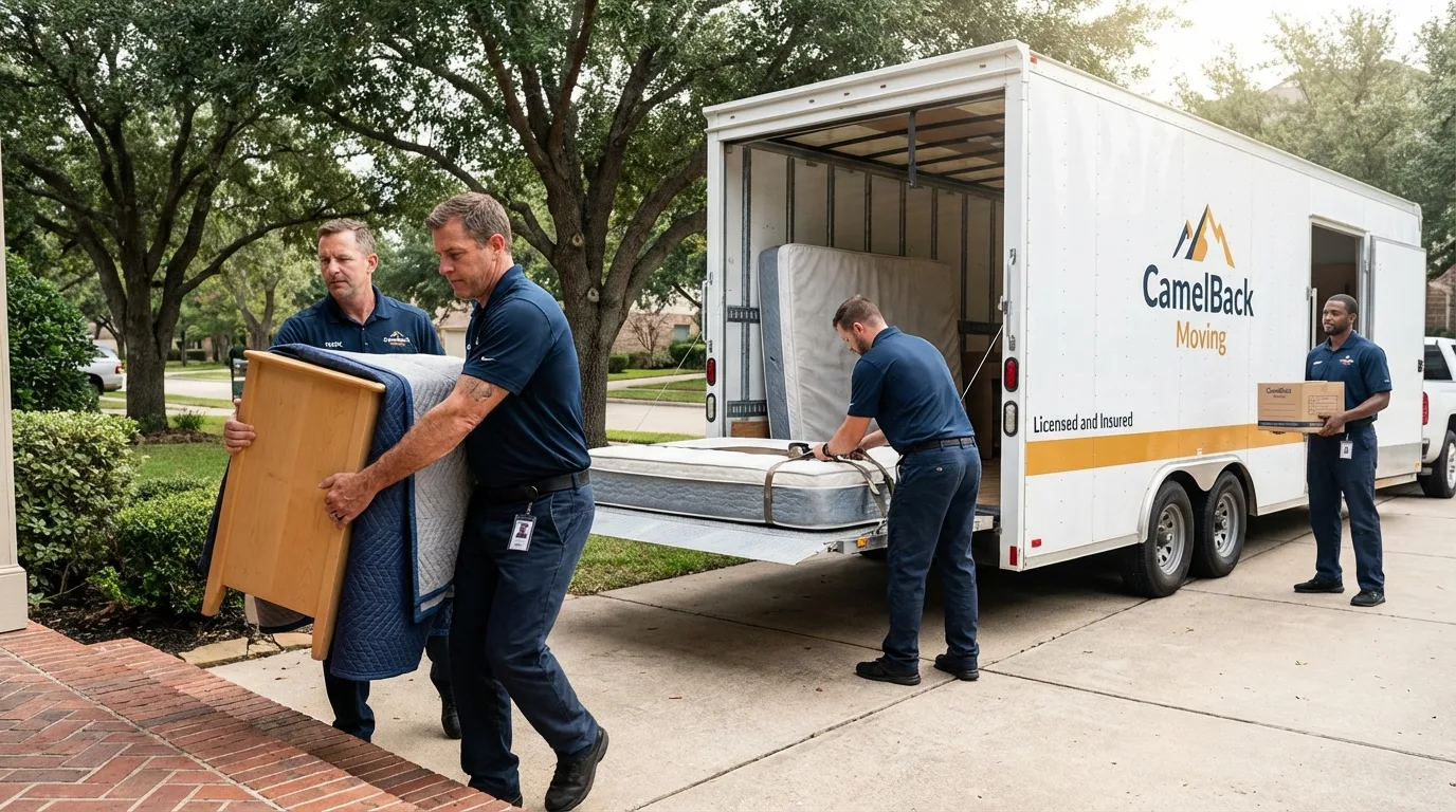 Crew loading residential truck for cross-state move from Newport Beach, CA