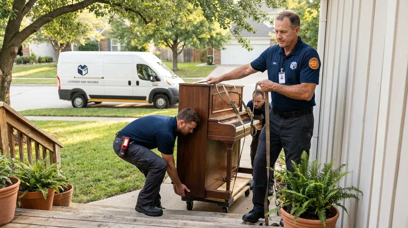 Licensed piano movers securing grand piano in Newport Beach, CA