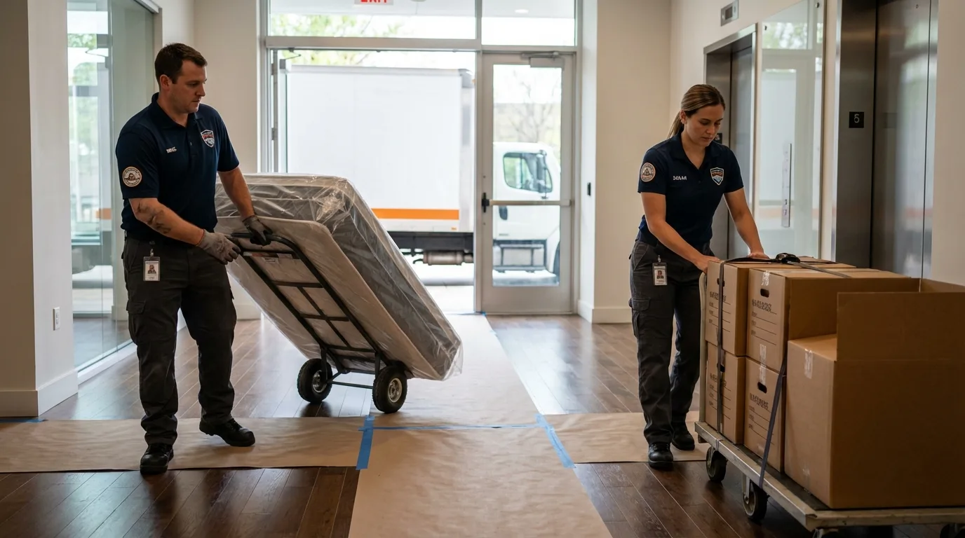 Professional apartment movers loading elevator in Newport Beach, CA