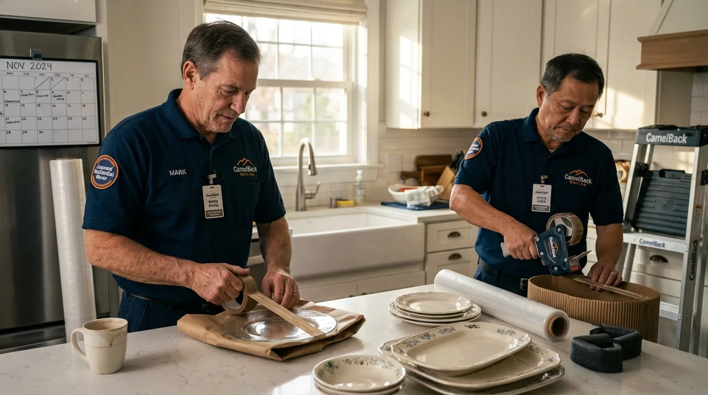 Professional crew packing kitchen dishware in Newport Beach, CA